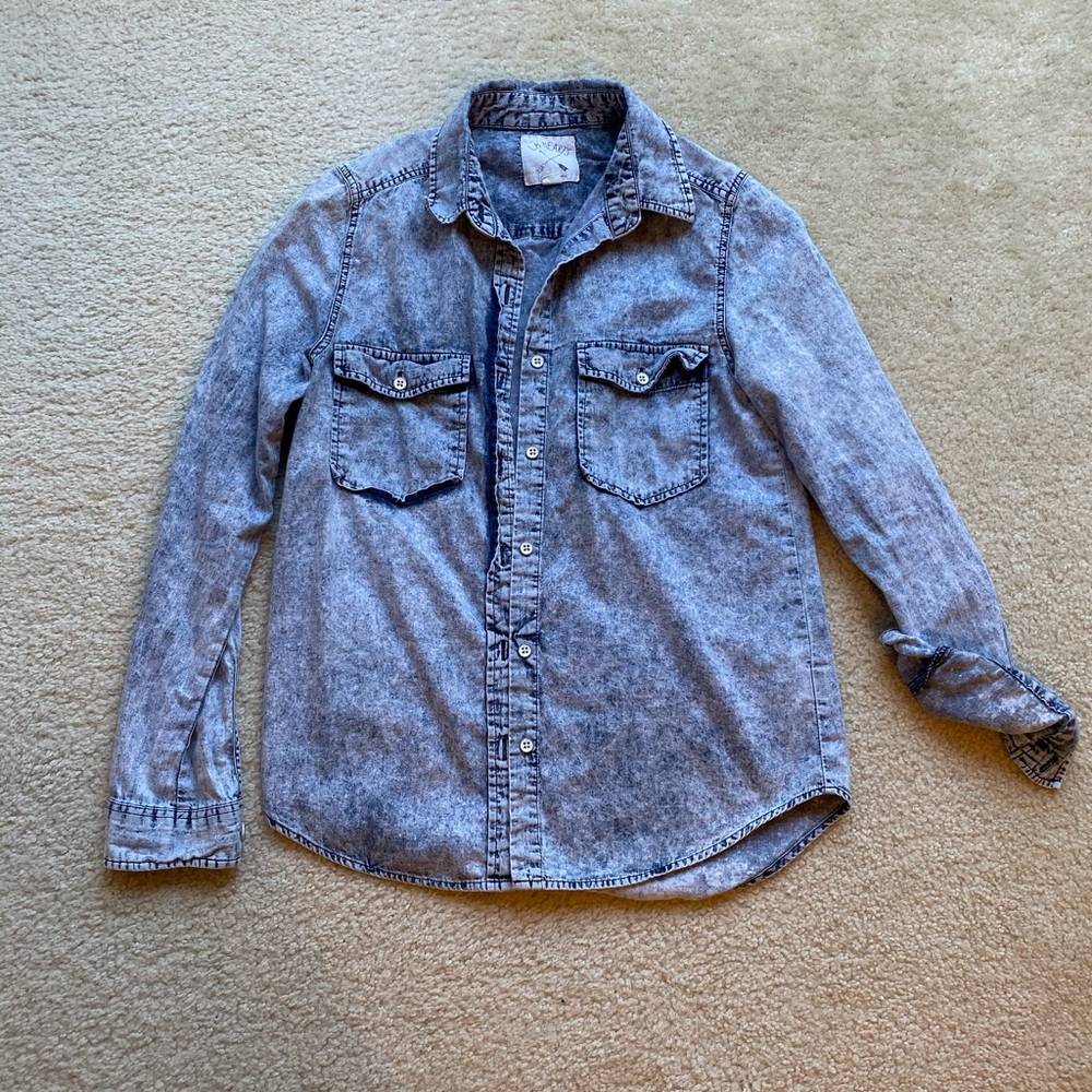 Distressed long sleeve button up